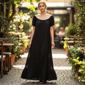 LOFT Botton Front Black Maxi Dress Elastic Neck Size-XS NWT